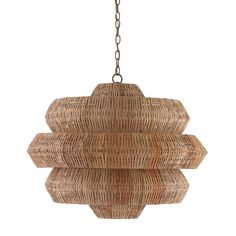 a large woven light fixture hanging from a chain