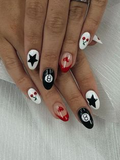 #nails #inspo Almond Nails Fun Designs, Eightball Nails, Vintage Nails Design, Card Nail Designs, Black White And Red Nails, Eight Ball Nails, Skater Nails, Rock And Roll Nails, Nail Inspo Funky