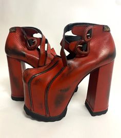 Buffalo Y2K Platform Heel Boots Red Distress Vintage Straps 38 | eBay Vintage Red Heels For Fall, Retro Red Heels For Fall, Red Retro Heels For Fall, Platform Heel Boots, Platform Heels Boots, This Little Piggy, Block Heel Boots, Chunky Block Heels, Platform Heel