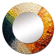 a circular mirror with multicolored circles on the front and back of it's frame