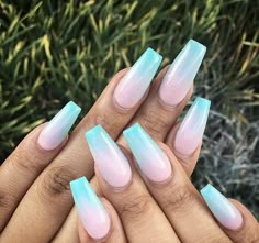 Teal And Pink Ombre Nails, Gender Nails, Cosplay Nails, Baby Nail Art, Lily Nails, Pink Ombre Nails, Unicorn Nails