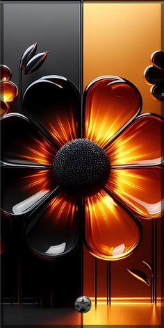 an abstract flower is shown in the middle of two images, one with orange and black petals