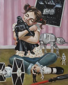 a painting of a girl hugging a star wars character