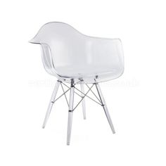 a clear plastic chair with metal legs