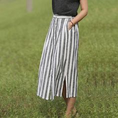 Stripe Women's Skirts Summer Linen Skirt Elastic Waist SSM09755 Skirt Organza, Linen Skirts, Everyday Skirts, Cotton Skirts, Church Fits, Skirt Ideas, Simple Skirt, Skirts Summer, Cute Modest Outfits