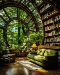 a living room filled with lots of books and furniture next to a large round window