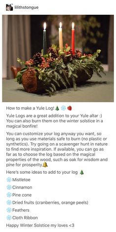 a table topped with candles and evergreens on top of it next to a sign that says, how to make a yulet log