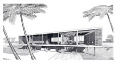 an architectural drawing of a house with palm trees in the foreground and another building on the far side