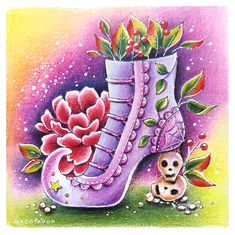 a painting of a purple boot with flowers on it and a small dog sitting next to it