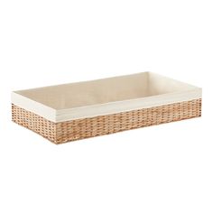 a wicker tray with a white bottom and beige lining on the top, in front of a white background