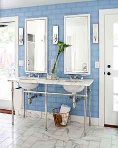 a bathroom with blue walls and two sinks in the middle, one has a plant on top of it