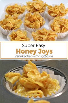 an image of some food in a muffin tin with the title super easy honey joys