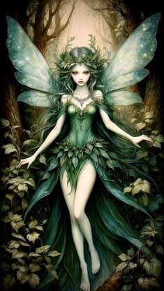 a green fairy is standing in the woods