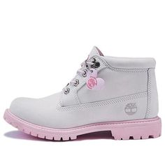 (WMNS) Timberland Womens Nellie Chukka Double Waterproof Boot 'Grey Pink' A28H7 Gray Lace-up Waterproof Boots For Winter, Gray Waterproof Boots With Round Toe, Gray High-top Waterproof Boots, Timberland Gray Leather Boots, Gray Leather Timberland Boots, Casual High-top Gray Waterproof Boots, Casual Gray High-top Waterproof Boots, Casual Pink Timberland Boots, Pink Timbs