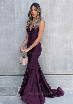 Trumpet Mermaid V Neck Sleeveless Sweep Train Jersey Prom Dress Dark Purple Dresses Long, Purple Velvet Dress Prom, Dark Purple Prom Dress Long Mermaid, Grape Purple Prom Dress, Purple Red Prom Dress, Deep Purple Dress Prom, Dark Purple Formal Dress Long, Royal Purple Dress Prom, Wine Purple Prom Dress