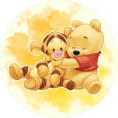 two winnie the poohs hugging each other in front of a yellow background with clouds