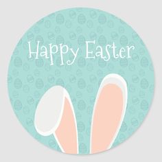 a round sticker with the words happy easter written in white on a blue background