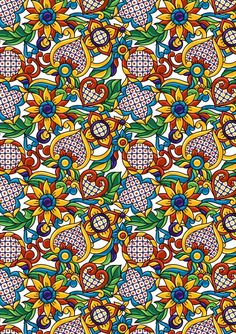 a colorful pattern with flowers and leaves