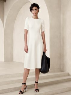 Soft Touch Scuba Seamed Midi Dress | Banana Republic Factory Luxury Viscose Midi Dress With Short Sleeves, Luxury Cotton Midi Dress For Work, Luxury Summer Puff Sleeve Dress For Work, Luxury Puff Sleeve Short Sleeve Dress For Work, Affordable Knee-length Midi Dress For Office, Luxury Silk Crepe Midi Dress For Work, Affordable Midi Length Dress For Workwear, Cheap Midi Dress For Workwear, Luxury Short Sleeve Bodycon Dress For Work