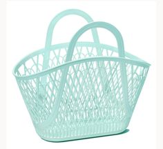 a white plastic basket with handles on a white background