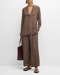 By Malene Birger Louisan Cropped Monogram-Print Pants | Neiman Marcus A Monogram Logo, Nieman Marcus, Pleated Shirt, Pre Fall Collection, Malene Birger, Monogram Prints, By Malene Birger, Wide Legs, Monogram Logo