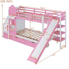 a pink bunk bed with stairs and storage space for the top bunk is also labeled