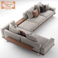 the sectional sofa is made up of two different types of fabric and wood, with pillows on each side