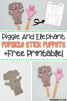 popsicle stick puppets with the words piggie and elephant on them for free printables