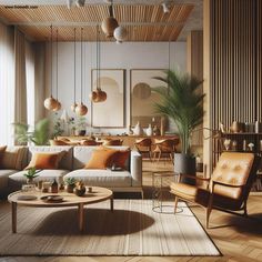 a living room filled with lots of furniture next to a wooden floor covered in potted plants