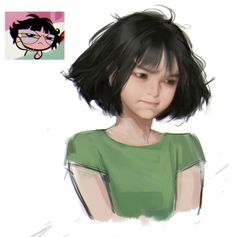 a drawing of a girl with black hair and green shirt, looking at the camera