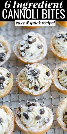 chocolate chip cookies with white icing are on a cooling rack and the title reads 8 ingredient cannoli bites easy & quick recipe