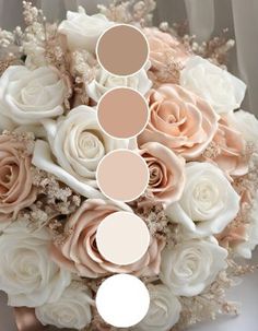 a bridal bouquet with different shades of pink, white and beige flowers on it