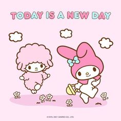 two cartoon sheep with pink hair are standing next to each other and the words today is a new day