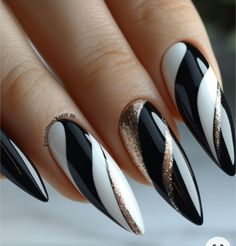 Black Nails Coloured Tips, Black N Gold Nails Design, Nails Black White Gold, Black Gold Silver Nails Art Designs, Black White And Gold Gel Nails, Navy And Silver Nails, Black Nail Designs Cheetah, Black Acrylic Nail Designs, Metallic Nail Art