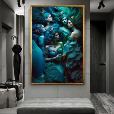 a large painting hanging on the wall in a living room