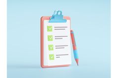 a clipboard with a checklist and a pen on it, against a blue background