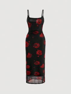 Floral Print Cami Dress Multicolor Elegant  Sleeveless Knitted Fabric Floral,All Over Print Cami Medium Stretch  Women Clothing, size features are:Bust: ,Length: ,Sleeve Length: Rose Print Dress Black, Red Dress With Flowers, ماثيو ماكونهي, Bodycon Outfits, Classy Prom Dresses, Diy Clothes Life Hacks, Red Floral Dress, Fabric Floral, Floral Dresses