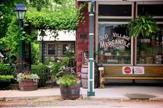 an old fashioned store front with potted plants outside