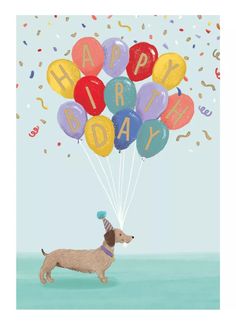 a dog holding balloons that say happy birthday