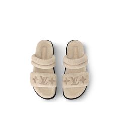 LOUIS VUITTON® - Lv Sunset Flat Comfort Mule - Beige Louis Vuitton Flip Flops, Designer Flat Sandals, Light Grey Leggings, Shoes Louis Vuitton, Micro Bags, Slouchy Bag, Ballerina Pumps, Latest Bags