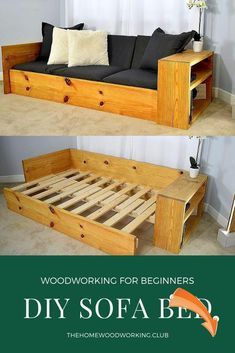 a bed frame made out of wood is shown with the words diy sofa bed below it