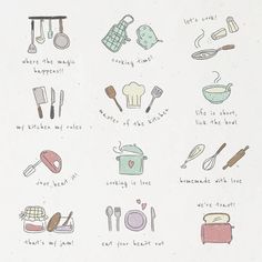 a drawing of kitchen utensils and cooking implements