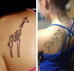 two pictures with tattoos on the back of women's backs and one has writing that says