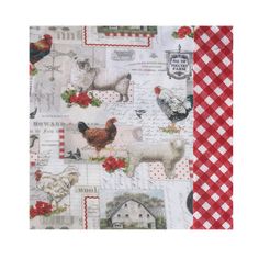 a red and white checkered table cloth with farm animals