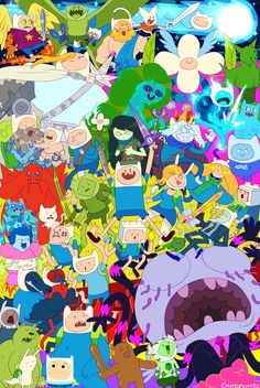 many cartoon characters are grouped together in this photo, all with different colors and sizes