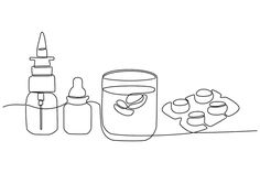 a line drawing of bottles and containers on a table with one bottle in the foreground