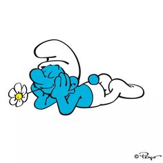 an image of a cartoon character laying down with a flower in his hand and looking at the viewer