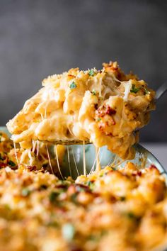 a spoon full of macaroni and cheese being lifted from a casserole dish