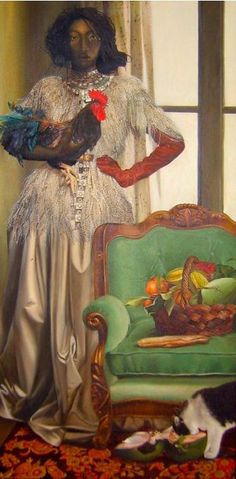 a painting of a woman standing next to a green chair with a cat on the floor