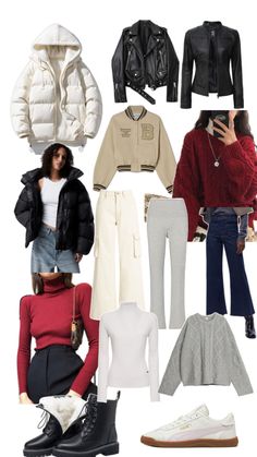 a collage of different outfits and shoes for the fall / winter season, including jackets, sweaters, pants, boots, and sneakers